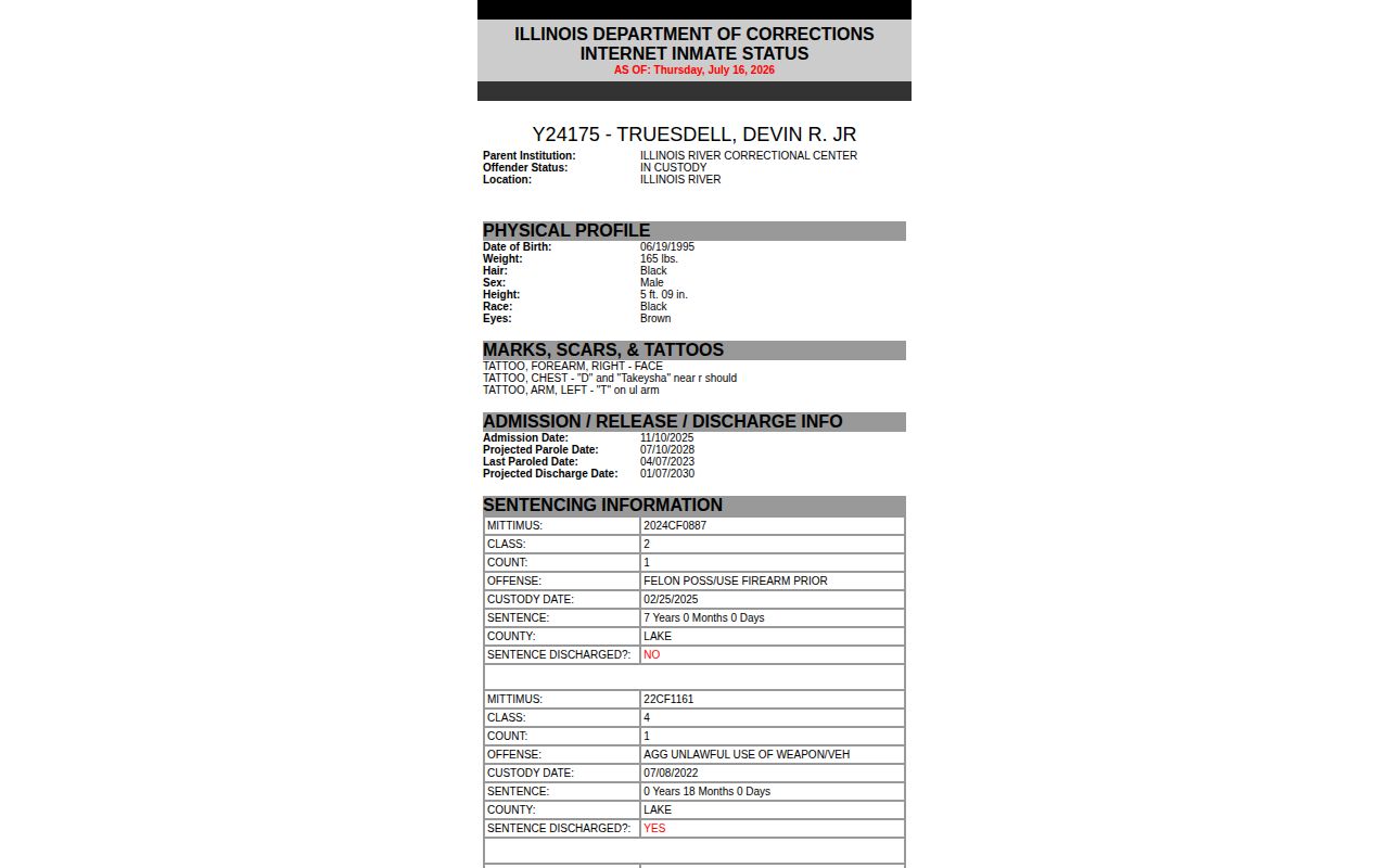 Official IDOC sample showing projected parole and discharge date fields