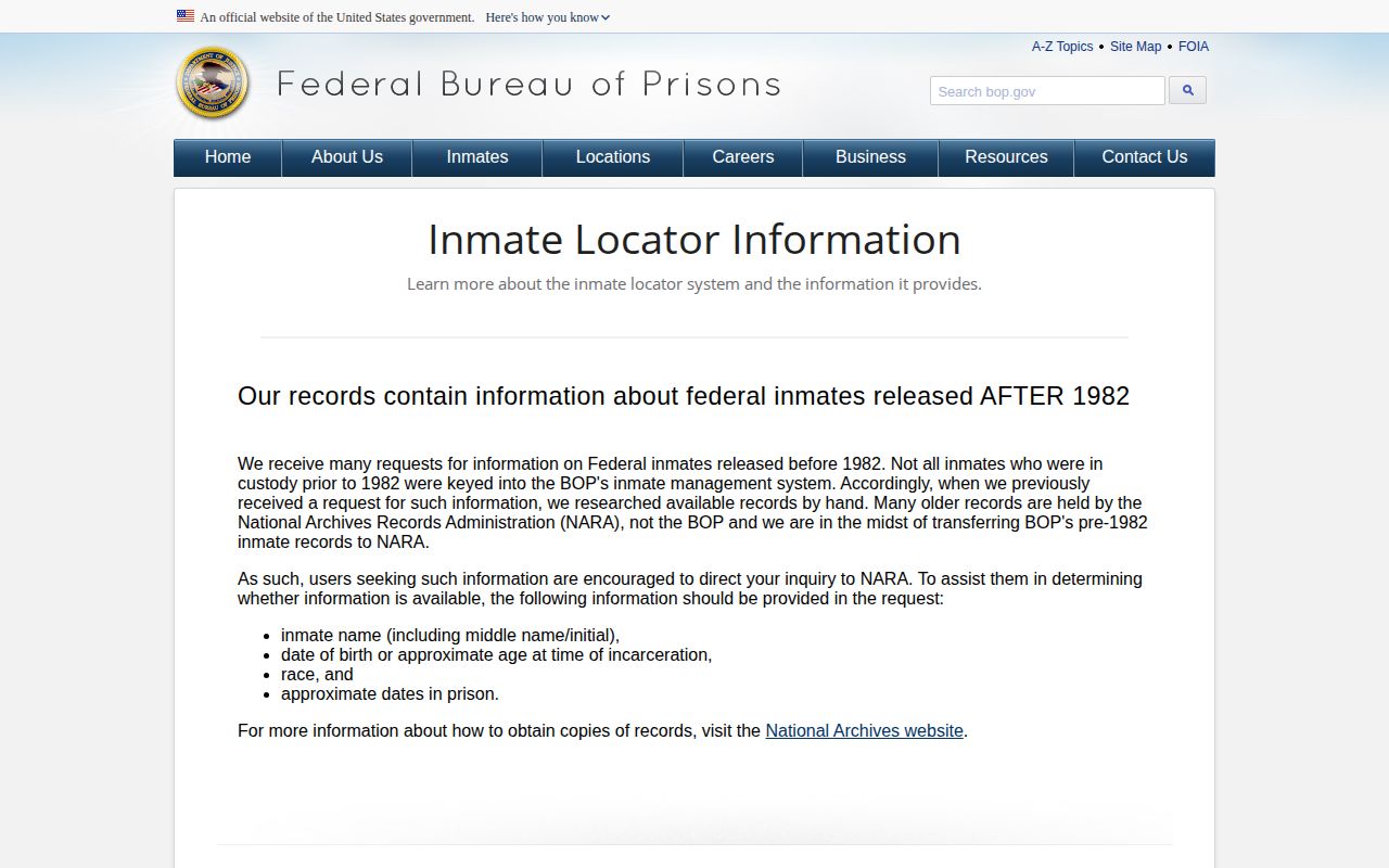 BOP inmate locator explanation of record dates and location statuses