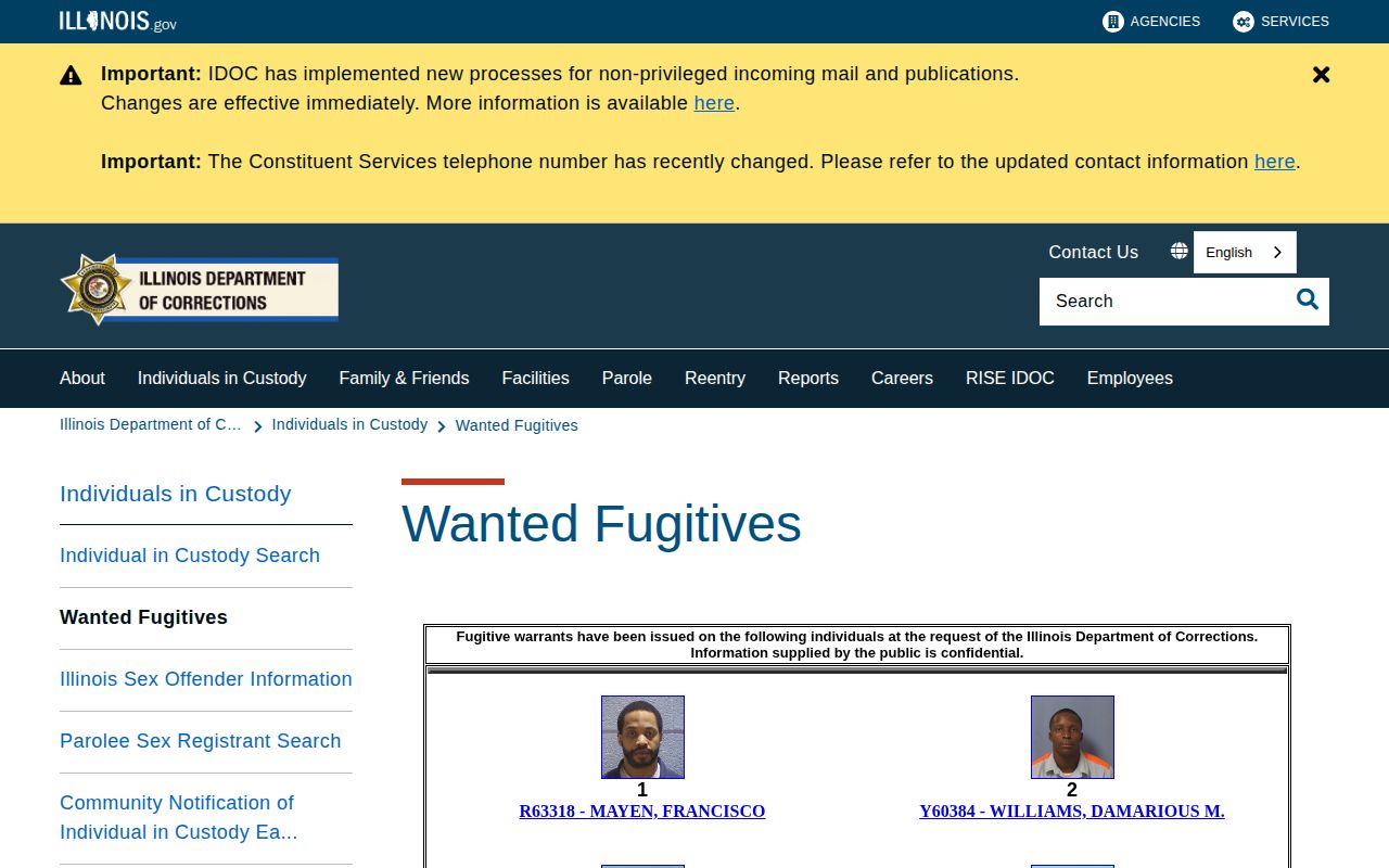 IDOC Wanted Fugitives page showing its limited statewide channel